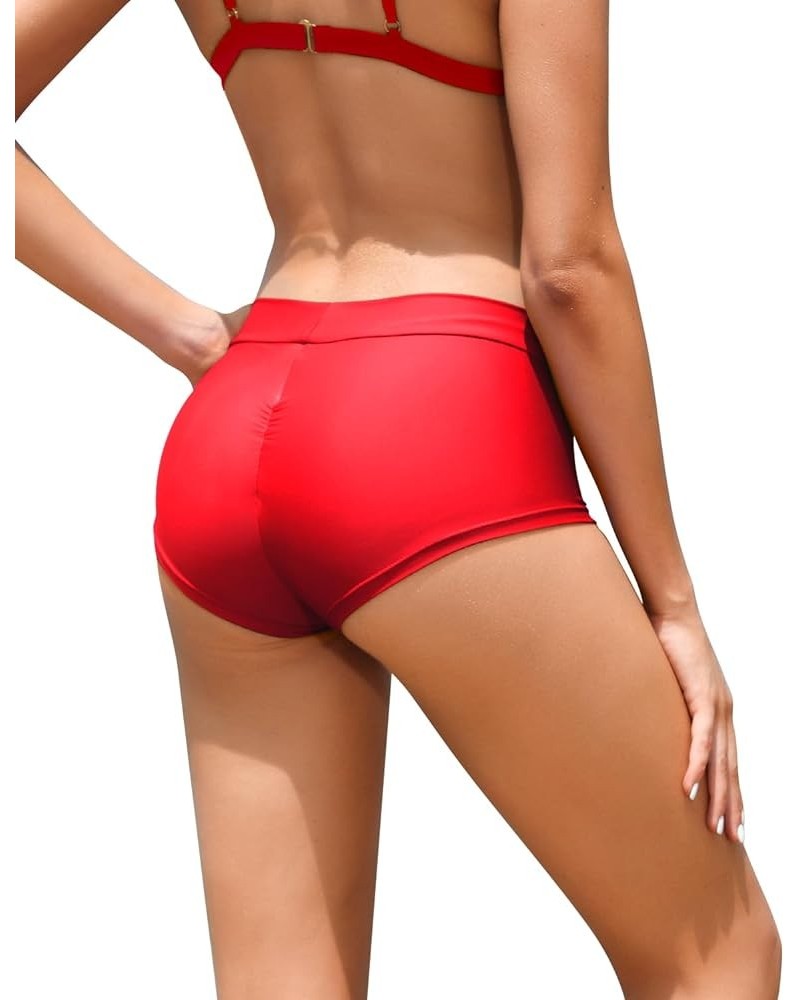 Ruched Scrunch Butt Bikini Bottoms Mid Rise boy Short Swim Bottoms Bathing Suit Bottoms for Women Full Coverage Red $11.65 Sw...