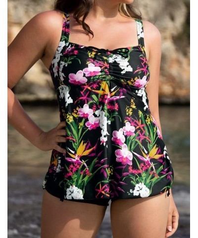 Women Plus Size Bathing Suits Paisley Print Two Piece Swimsuit Tankini Swimwear Black&floral $17.63 Swimsuits