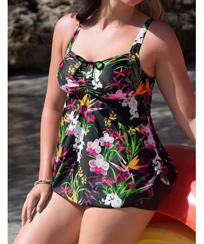 Women Plus Size Bathing Suits Paisley Print Two Piece Swimsuit Tankini Swimwear Black&floral $17.63 Swimsuits