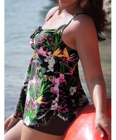 Women Plus Size Bathing Suits Paisley Print Two Piece Swimsuit Tankini Swimwear Black&floral $17.63 Swimsuits