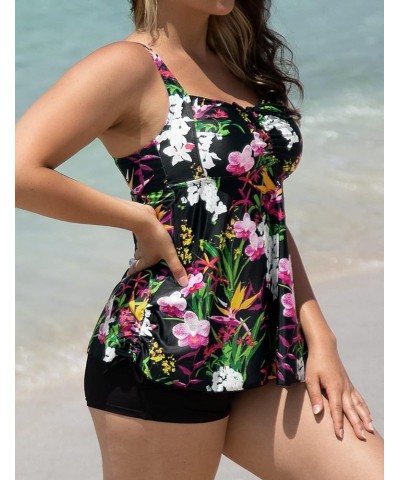 Women Plus Size Bathing Suits Paisley Print Two Piece Swimsuit Tankini Swimwear Black&floral $17.63 Swimsuits