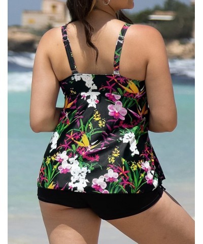 Women Plus Size Bathing Suits Paisley Print Two Piece Swimsuit Tankini Swimwear Black&floral $17.63 Swimsuits