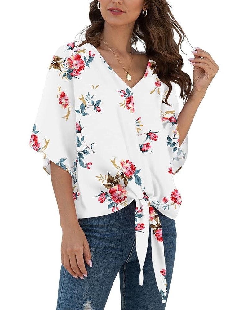 Womens Tie Front Chiffon Blouses V Neck Batwing Short Sleeve Summer Tops Shirts Rose White $13.76 Blouses