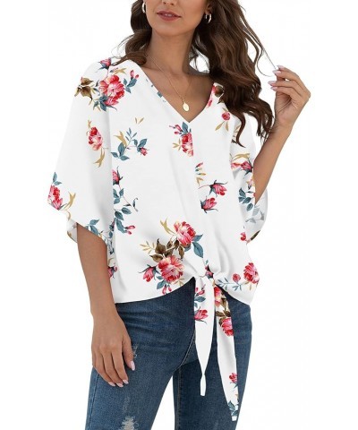 Womens Tie Front Chiffon Blouses V Neck Batwing Short Sleeve Summer Tops Shirts Rose White $13.76 Blouses