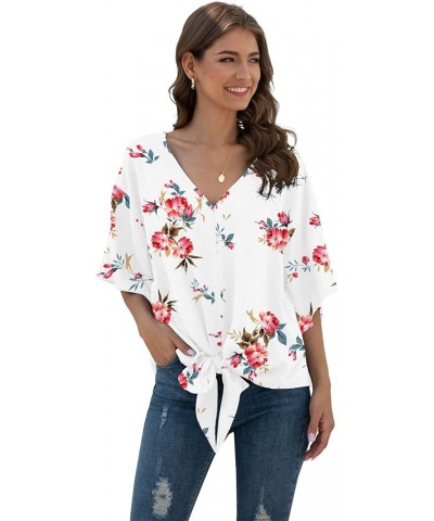 Womens Tie Front Chiffon Blouses V Neck Batwing Short Sleeve Summer Tops Shirts Rose White $13.76 Blouses