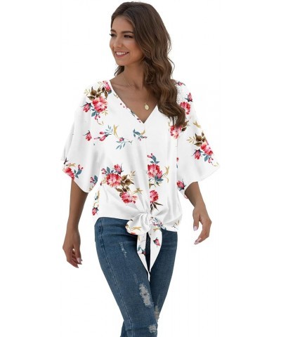 Womens Tie Front Chiffon Blouses V Neck Batwing Short Sleeve Summer Tops Shirts Rose White $13.76 Blouses