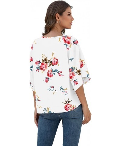 Womens Tie Front Chiffon Blouses V Neck Batwing Short Sleeve Summer Tops Shirts Rose White $13.76 Blouses