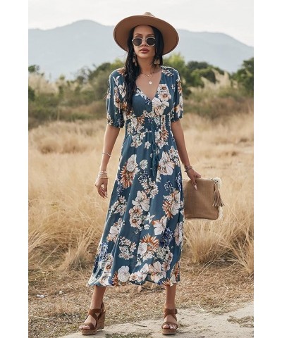 Women's Boho Floral Print Elastic Waist Beach Dress Short Sleeve V Neck Split Maxi Dress Blue $15.05 Dresses