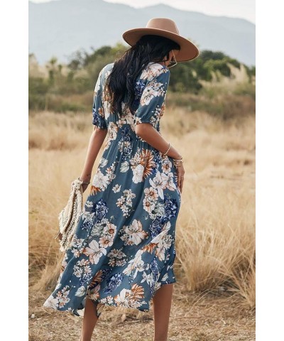Women's Boho Floral Print Elastic Waist Beach Dress Short Sleeve V Neck Split Maxi Dress Blue $15.05 Dresses
