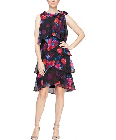 Women's Jewel-Strap Tiered Cocktail Party Dress (Petite and Regular) Black Multi Floral $46.31 Dresses