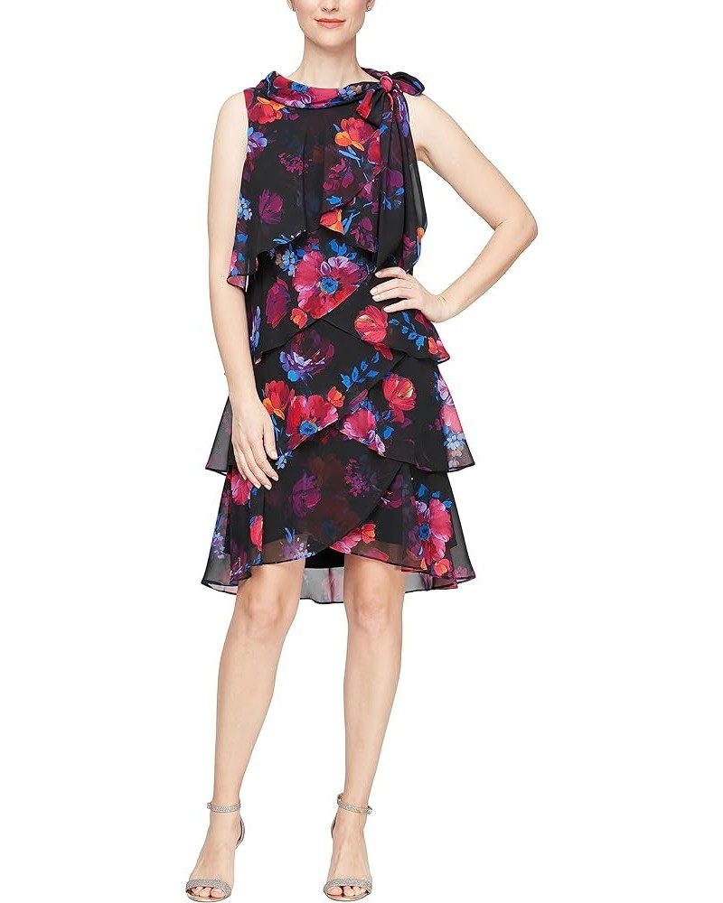 Women's Jewel-Strap Tiered Cocktail Party Dress (Petite and Regular) Black Multi Floral $46.31 Dresses