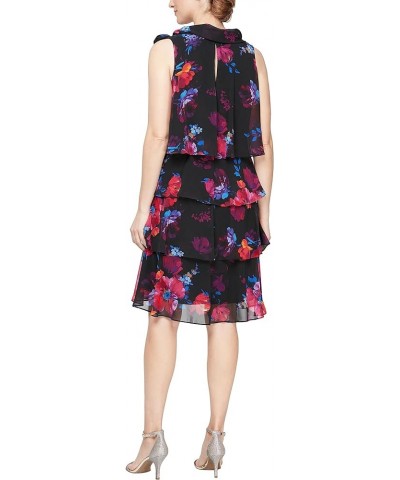 Women's Jewel-Strap Tiered Cocktail Party Dress (Petite and Regular) Black Multi Floral $46.31 Dresses