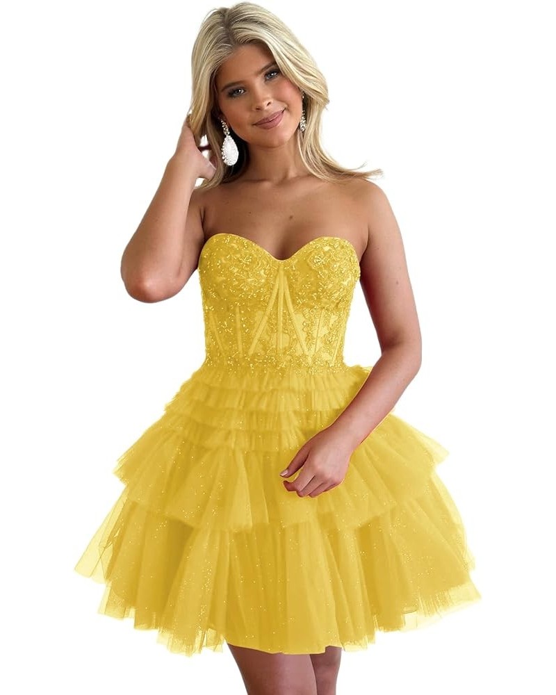 Strapless Corset Homecoming Dress for Teens 2023 Short Tiered Ruffles Prom Dress Glitter Tullle Cocktail Gown Mustard Yellow ...