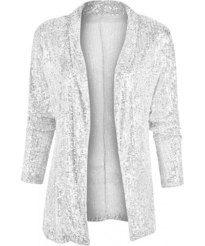 Womens Sequin Blazer Casual Long Sleeve Open Front Sparkle Blazer Jacket Silver $18.33 Suits