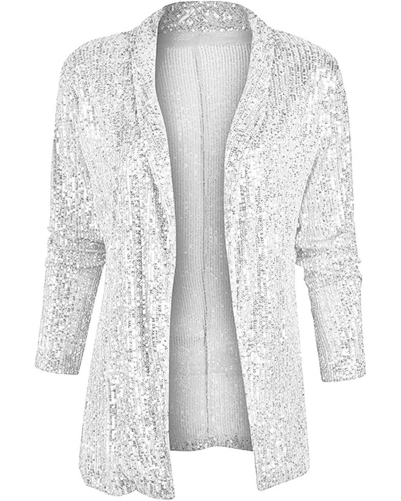 Womens Sequin Blazer Casual Long Sleeve Open Front Sparkle Blazer Jacket Silver $18.33 Suits