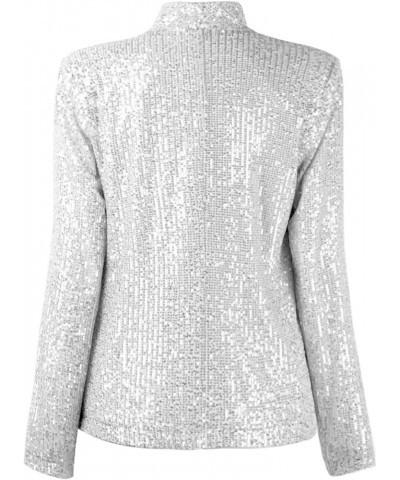 Womens Sequin Blazer Casual Long Sleeve Open Front Sparkle Blazer Jacket Silver $18.33 Suits