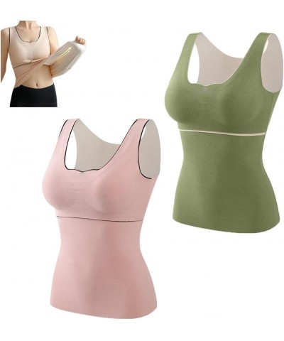 Thin Seamless Fleece Underwear Vest,Women's Cotton Thermal Fleece Lined Tank Tops Warm Base Layer Vest with Chest Pad Pink+gr...