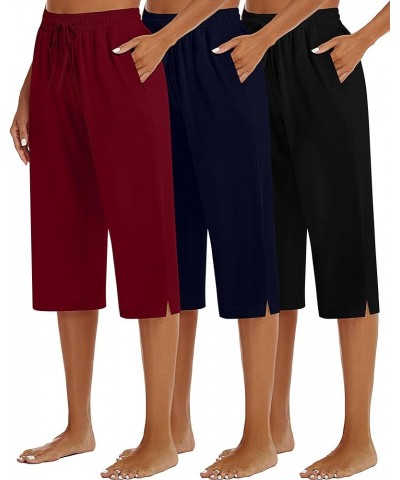 3 Pack Women's Capris Wide Leg Capri Pants Womens Drawstring Pajama Sweatpants Women Lounge Pants with Pockets Black, Navy Bl...