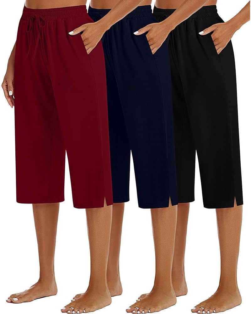 3 Pack Women's Capris Wide Leg Capri Pants Womens Drawstring Pajama Sweatpants Women Lounge Pants with Pockets Black, Navy Bl...