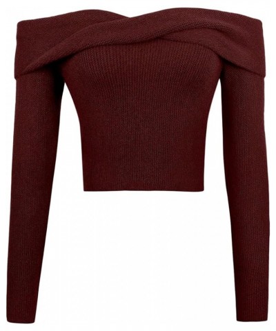 Women's Twist Off Shoulder Ribbed Long Sleeve Fitted Knit Crop Top Sweater Burgundy $20.87 Sweaters