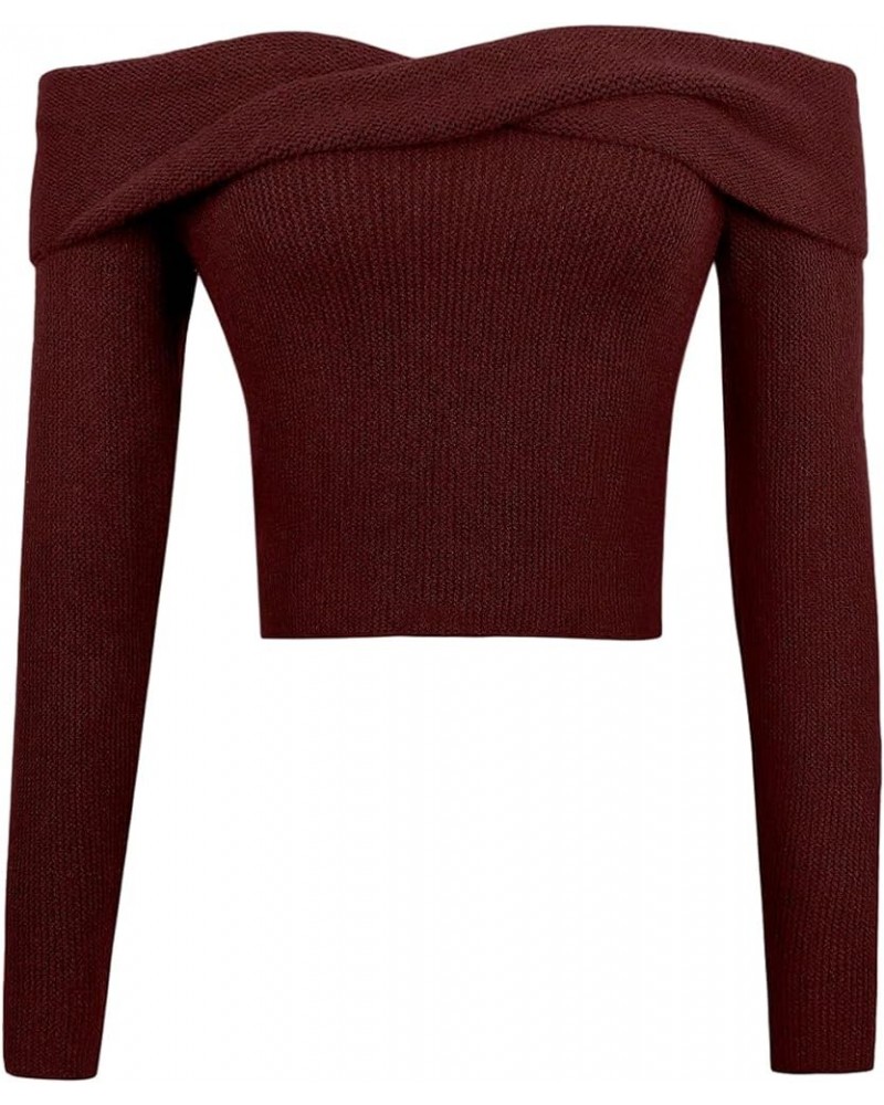 Women's Twist Off Shoulder Ribbed Long Sleeve Fitted Knit Crop Top Sweater Burgundy $20.87 Sweaters