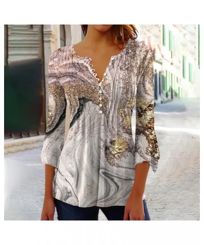 Fall Tops for Women Casual 3/4 Length Sleeve T Shirts Button Up V Neck Tunics Floral Print Loose Lightweight Blouses 01 Gray ...