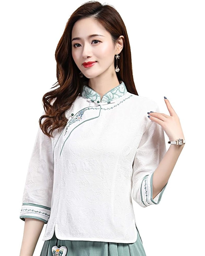 3/4 Sleeve Women's Chinese Top Linen Blouse Qipao Shirt 2830 Green $12.80 Tops