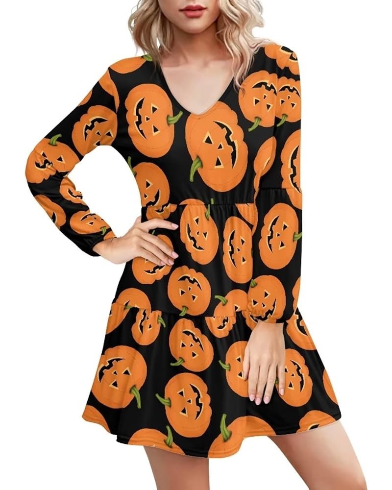 Womens Spring V Neck Ruffle Elegant Long Sleeve Swing Skater Dresses Tunic Dress Plus Size Halloween Pumpkin $20.39 Dresses