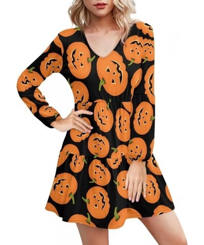 Womens Spring V Neck Ruffle Elegant Long Sleeve Swing Skater Dresses Tunic Dress Plus Size Halloween Pumpkin $20.39 Dresses