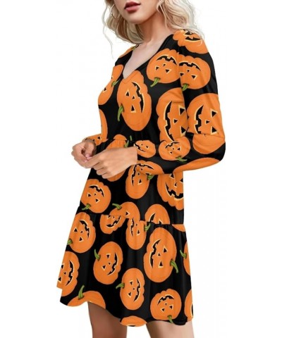 Womens Spring V Neck Ruffle Elegant Long Sleeve Swing Skater Dresses Tunic Dress Plus Size Halloween Pumpkin $20.39 Dresses