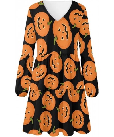 Womens Spring V Neck Ruffle Elegant Long Sleeve Swing Skater Dresses Tunic Dress Plus Size Halloween Pumpkin $20.39 Dresses