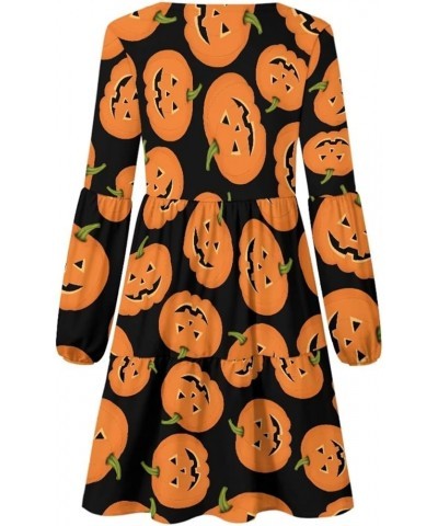 Womens Spring V Neck Ruffle Elegant Long Sleeve Swing Skater Dresses Tunic Dress Plus Size Halloween Pumpkin $20.39 Dresses