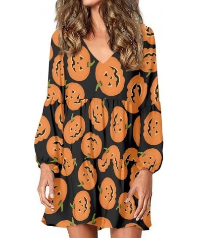 Womens Spring V Neck Ruffle Elegant Long Sleeve Swing Skater Dresses Tunic Dress Plus Size Halloween Pumpkin $20.39 Dresses