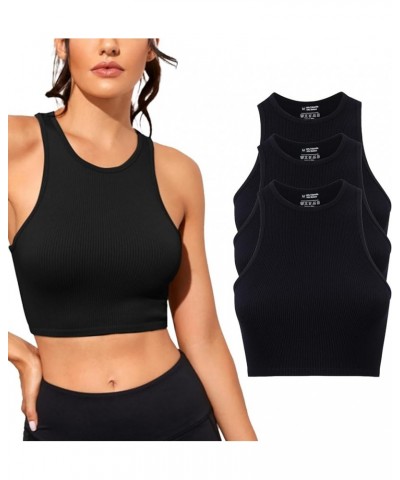 3 Piece Crop Tops for Women Crew Neck Sleevless Top Seamless Ribbed Racerback Workout Cropped Tank Top Black Black Black $12....