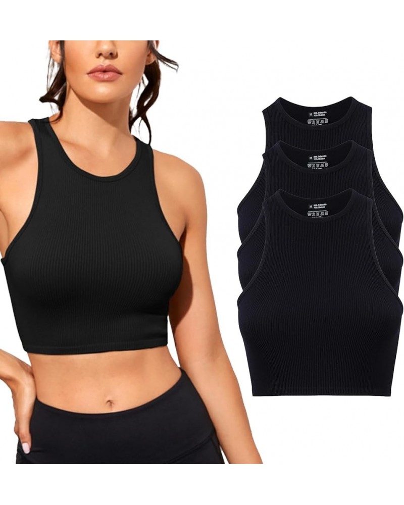 3 Piece Crop Tops for Women Crew Neck Sleevless Top Seamless Ribbed Racerback Workout Cropped Tank Top Black Black Black $12....