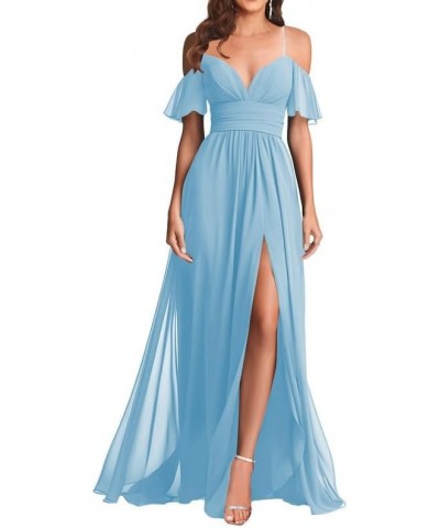 V Neck Off Shoulder Bridesmaid Dresses - Long Formal Dress for Wedding Chiffon Light Blue $34.57 Dresses