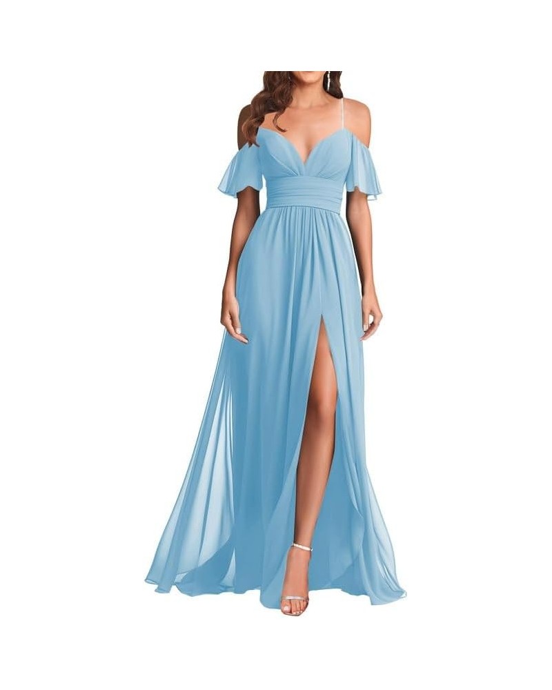 V Neck Off Shoulder Bridesmaid Dresses - Long Formal Dress for Wedding Chiffon Light Blue $34.57 Dresses