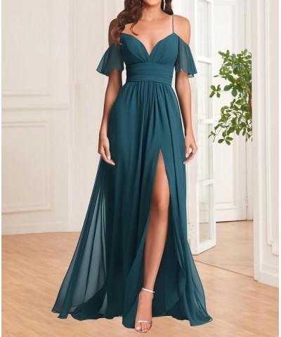 V Neck Off Shoulder Bridesmaid Dresses - Long Formal Dress for Wedding Chiffon Light Blue $34.57 Dresses