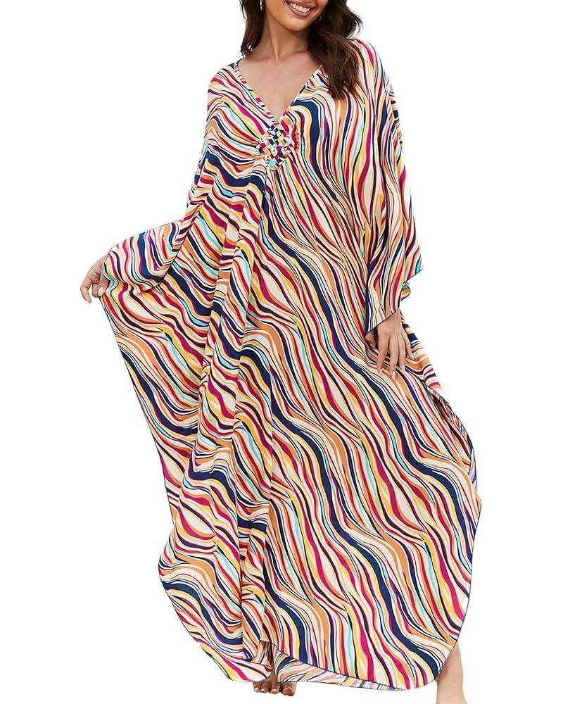 Women's Kaftan Dresses Plus Size Caftan Loungewear Printed Bathing Suit Cover ups Long Beach Tops Flowy Resort Wear Red Strip...