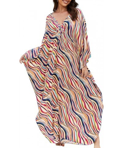 Women's Kaftan Dresses Plus Size Caftan Loungewear Printed Bathing Suit Cover ups Long Beach Tops Flowy Resort Wear Red Strip...