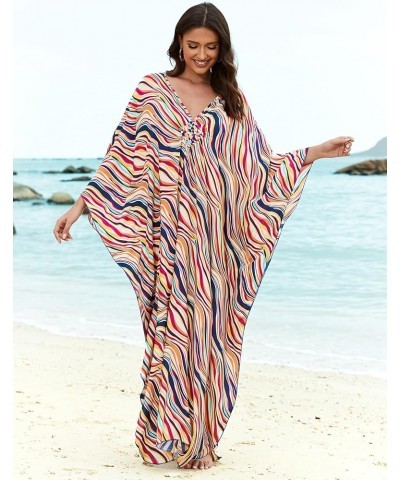 Women's Kaftan Dresses Plus Size Caftan Loungewear Printed Bathing Suit Cover ups Long Beach Tops Flowy Resort Wear Red Strip...