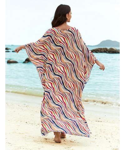 Women's Kaftan Dresses Plus Size Caftan Loungewear Printed Bathing Suit Cover ups Long Beach Tops Flowy Resort Wear Red Strip...