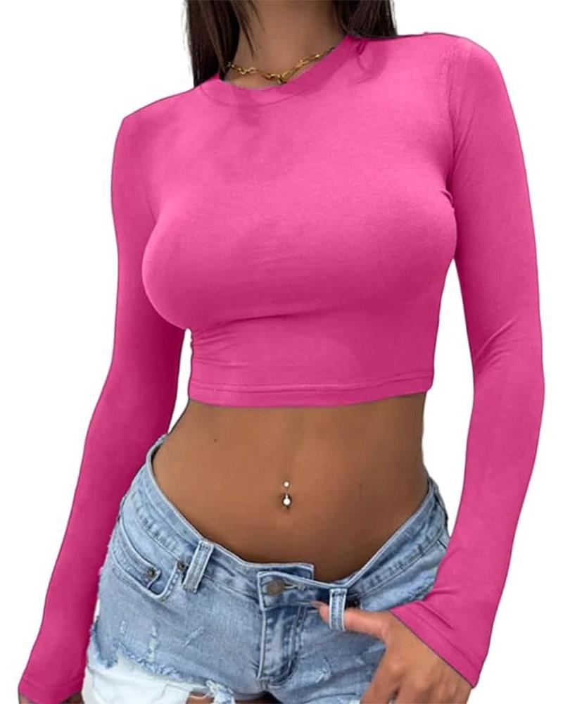 Women's Sexy Long Sleeve Crop Top 2023 Crew Neck Basic Fitted Tight Cropped T Shirts Hot Pink $10.56 T-Shirts