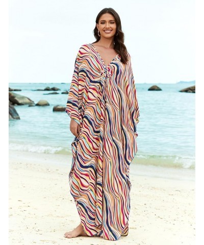 Women's Kaftan Dresses Plus Size Caftan Loungewear Printed Bathing Suit Cover ups Long Beach Tops Flowy Resort Wear Red Strip...