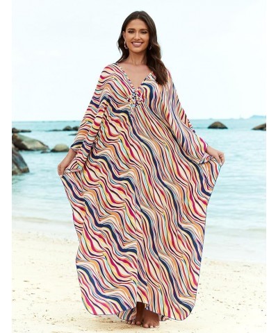 Women's Kaftan Dresses Plus Size Caftan Loungewear Printed Bathing Suit Cover ups Long Beach Tops Flowy Resort Wear Red Strip...