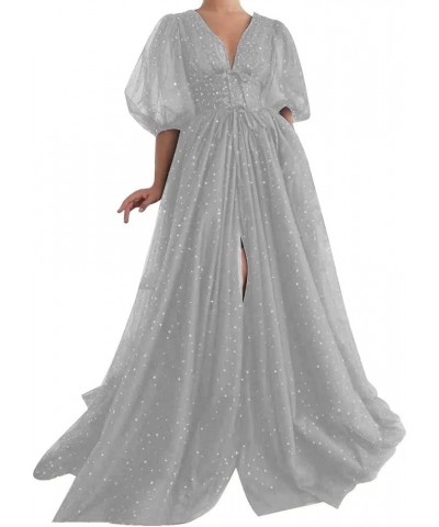 Starry Tulle Prom Dresses Long Sparkle Puffy Sleeve Formal Evening Party Gown with Pocket Light Grey-b $40.49 Dresses