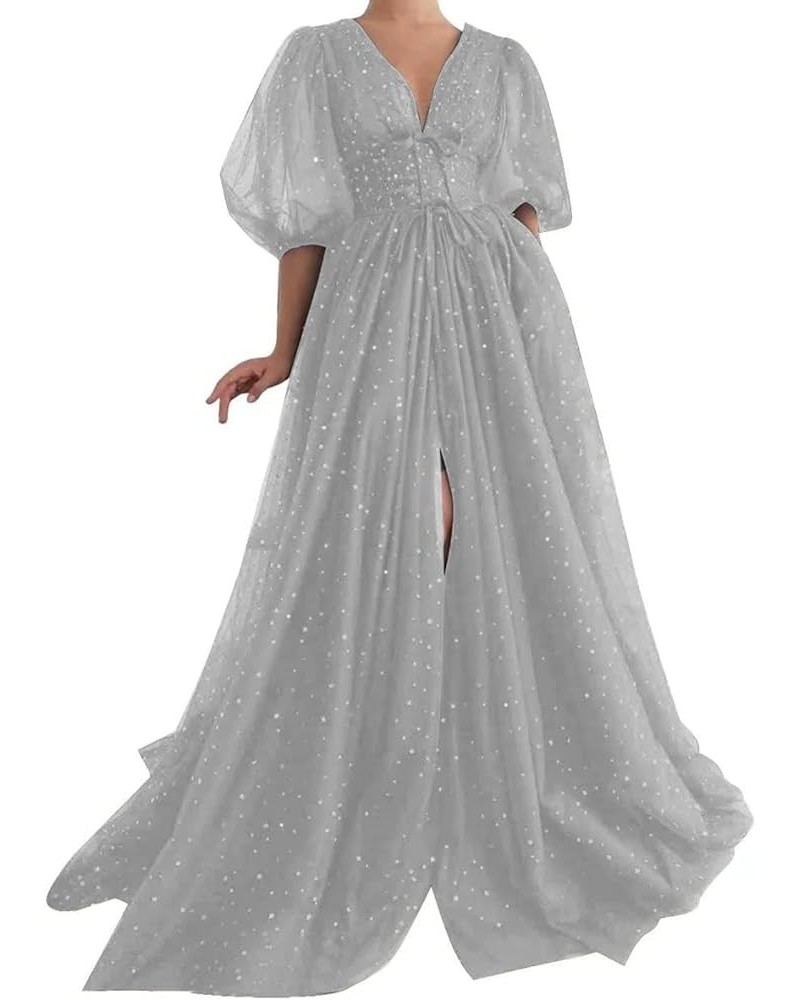 Starry Tulle Prom Dresses Long Sparkle Puffy Sleeve Formal Evening Party Gown with Pocket Light Grey-b $40.49 Dresses