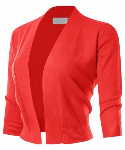 3/4 Sleeve Solid Open Bolero Cropped Cardigan for Women (S-3XL) Msg1-hotcoral $11.20 Sweaters