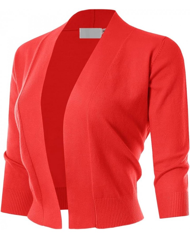 3/4 Sleeve Solid Open Bolero Cropped Cardigan for Women (S-3XL) Msg1-hotcoral $11.20 Sweaters