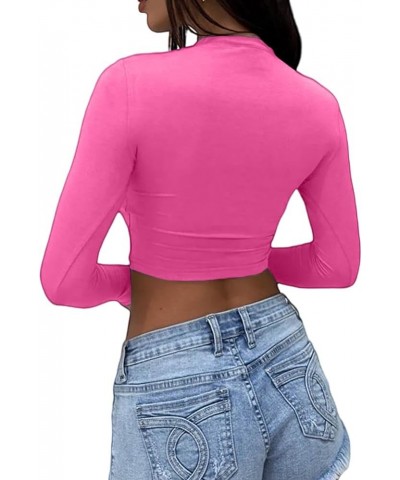 Women's Sexy Long Sleeve Crop Top 2023 Crew Neck Basic Fitted Tight Cropped T Shirts Hot Pink $10.56 T-Shirts